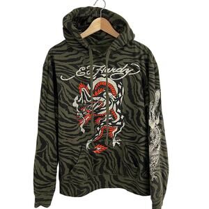 Ed Hardy Mens Dragon Graphic Pullover Zebra Camo Sweatshirt Hoodie Mens Large